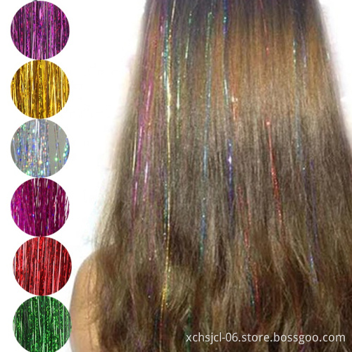 Wholesale100-200 Strands Silk Flash Shiny Hair Tinsel Party Highlights Glitter Super Bright Synthetic Hair Extension for gorl